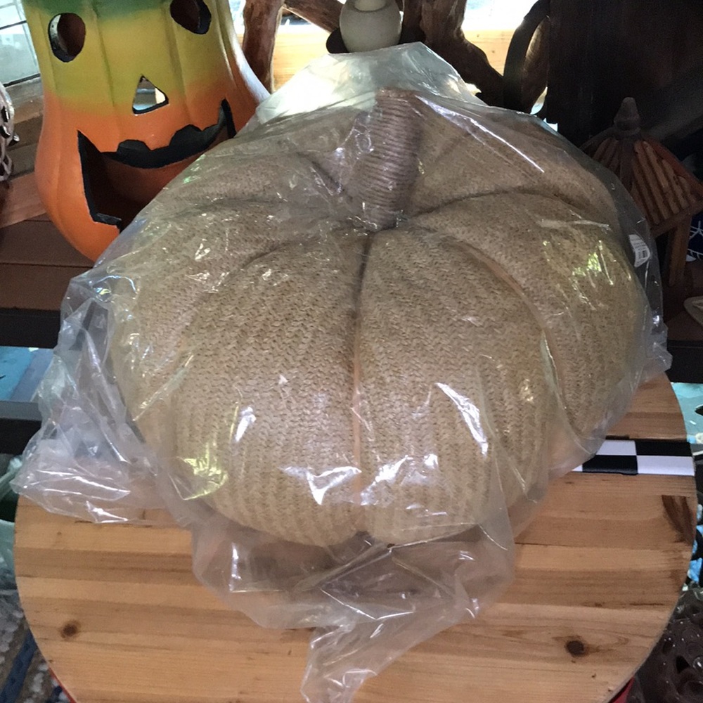 Pottery Barn Large Pumpkin Shaped Indoor/Outdoor Pillow with Jute Stem D…